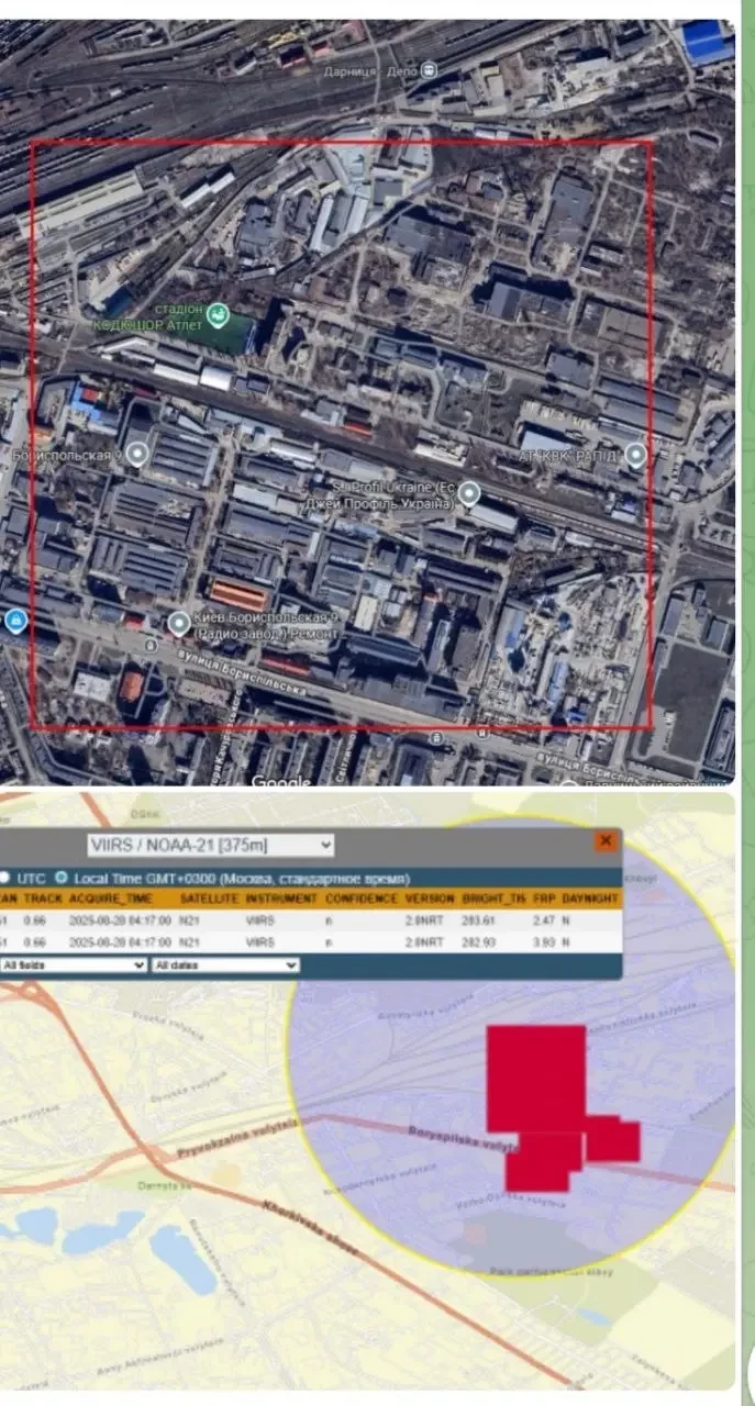 Спутники NASA фиксируют крупный пожар в районе радиозавода в Киеве